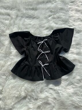 Express Black Peplum Tie-Front Top with White Drawstring Accents